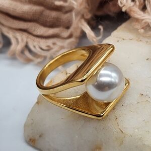 Cult Gaia Jewelry 18K Yellow Gold Plated Ring Large Faux White Pearl